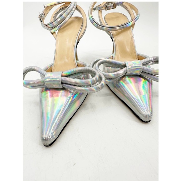 Mach & Mach Silver Iridescent Heels Toe Double Bow Ankle Wrap Straps 38.5 - Picture 5 of 8